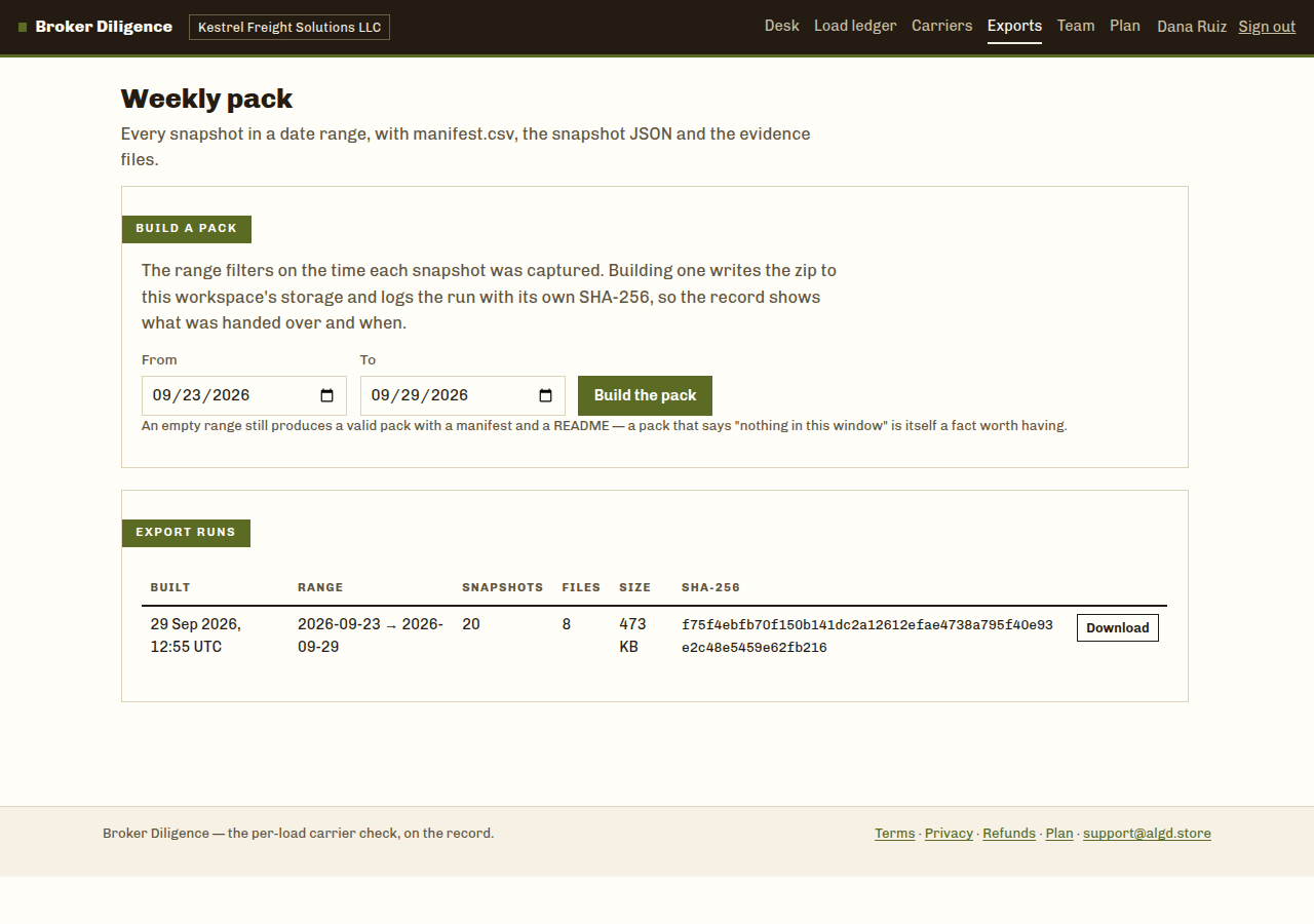The weekly pack: a date range, the manifest, and every export run on the record